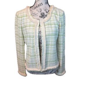 St. John Collection Green Knit Tweed Blazer Jacket Fringe Hem Single Clasp Sz 8